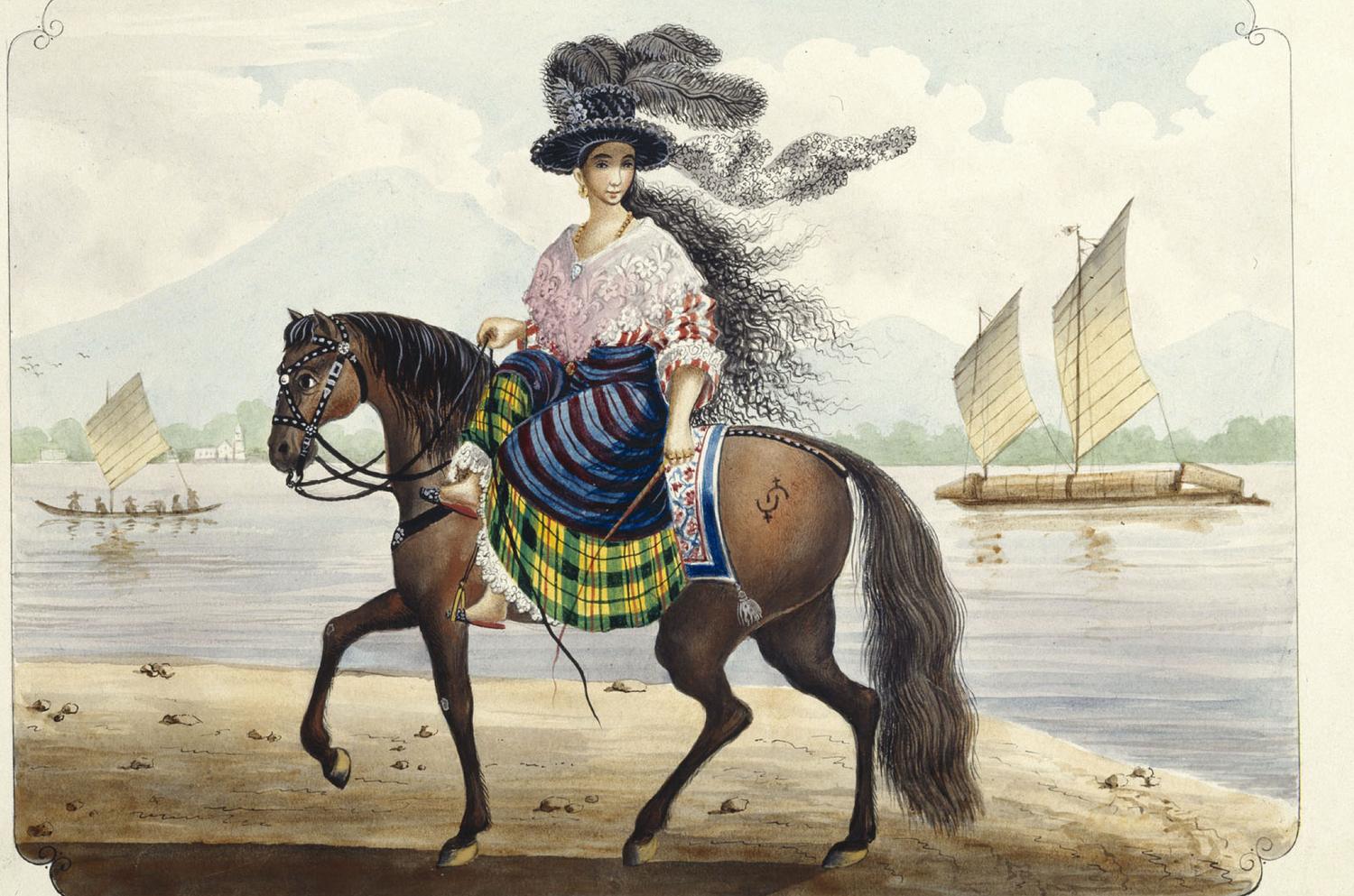A woman on horseback by the water