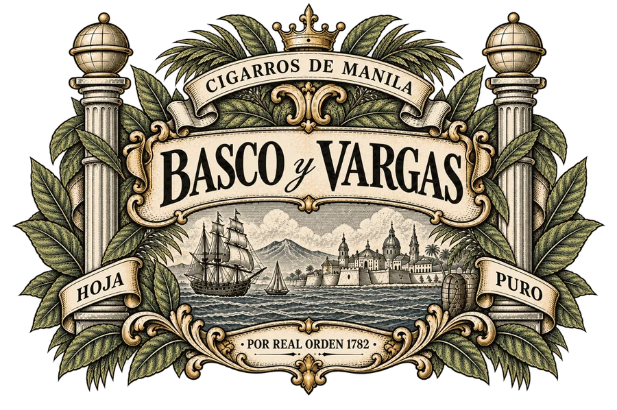 The Basco y Vargas emblem: pillars, galleon, Manila skyline, tobacco leaves