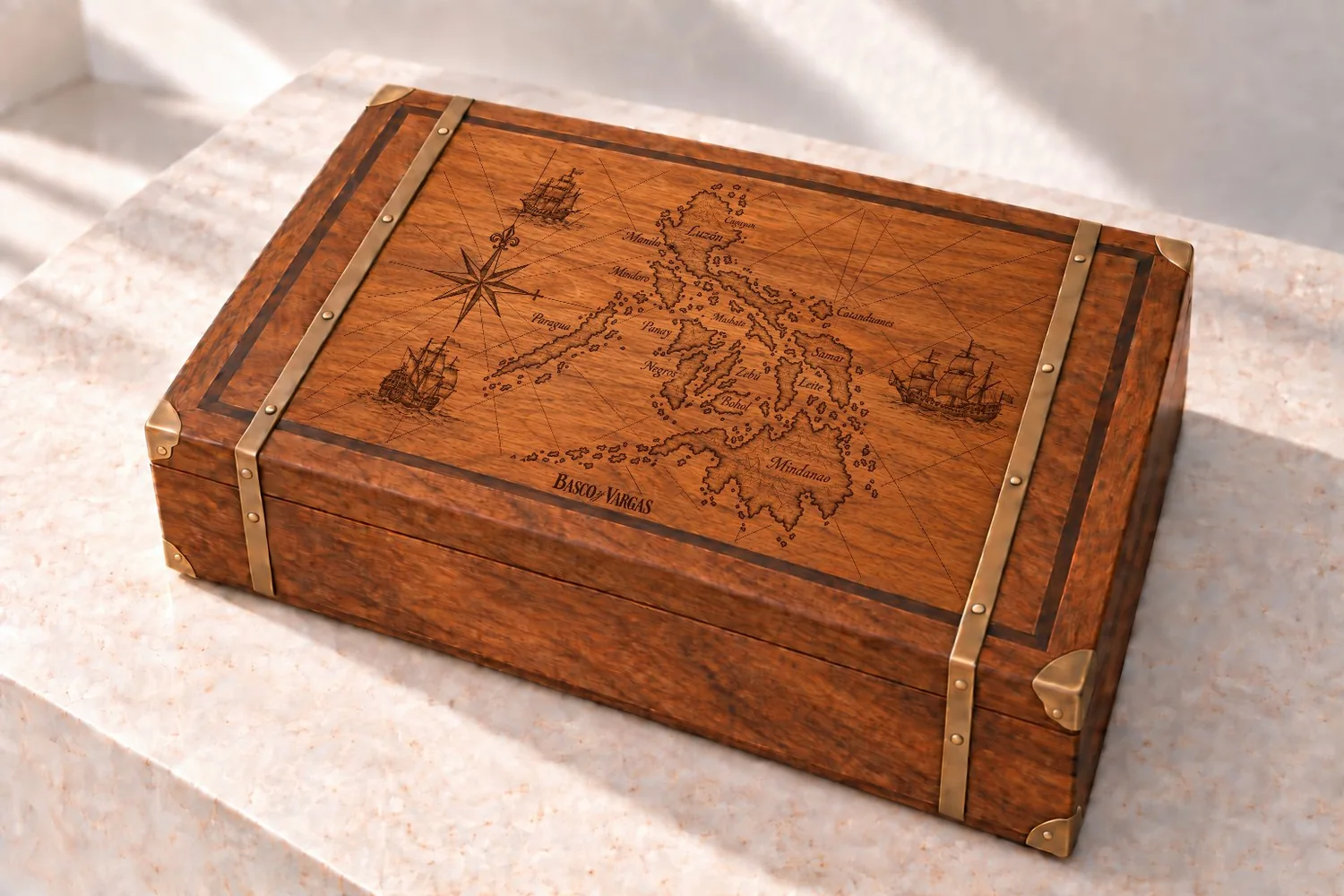 A Basco y Vargas humidor, the Philippine archipelago engraved on the lid
