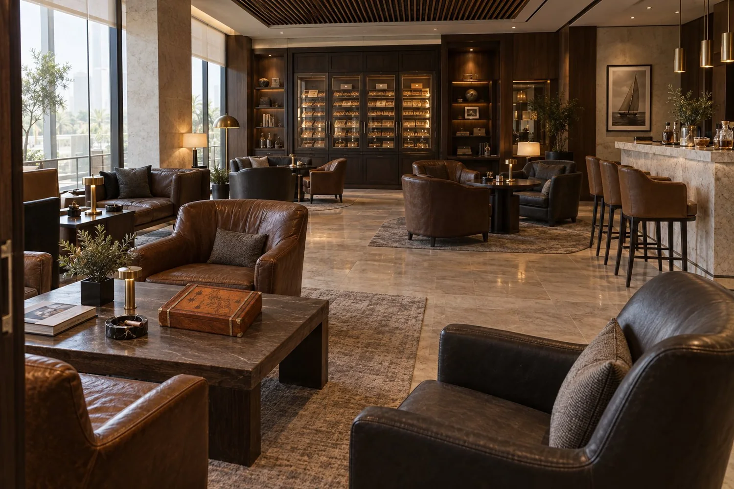 A hotel cigar lounge: leather armchairs, humidor cabinet and marble bar